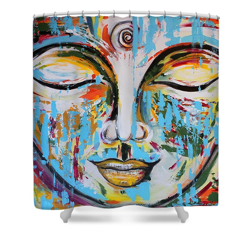 Colorful Shower Curtain featuring the painting Colorful Buddha by Theresa Marie Johnson