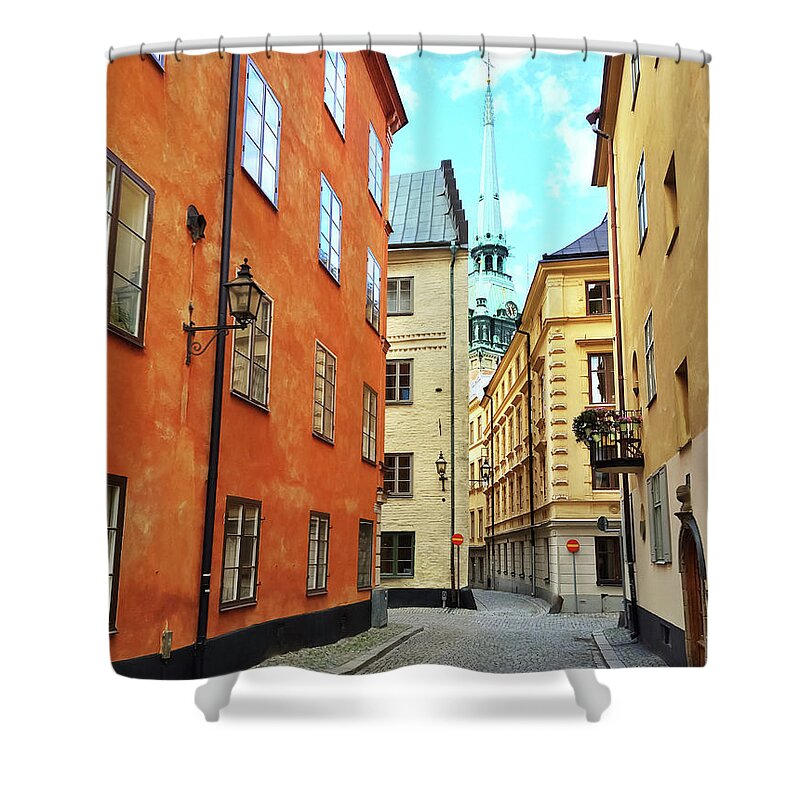 Stockholm Shower Curtain featuring the photograph Colorful buildings in the old center of Stockholm by GoodMood Art