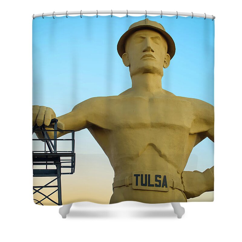 America Shower Curtain featuring the photograph Colorful Dawn at the Tulsa Oklahoma Driller by Gregory Ballos