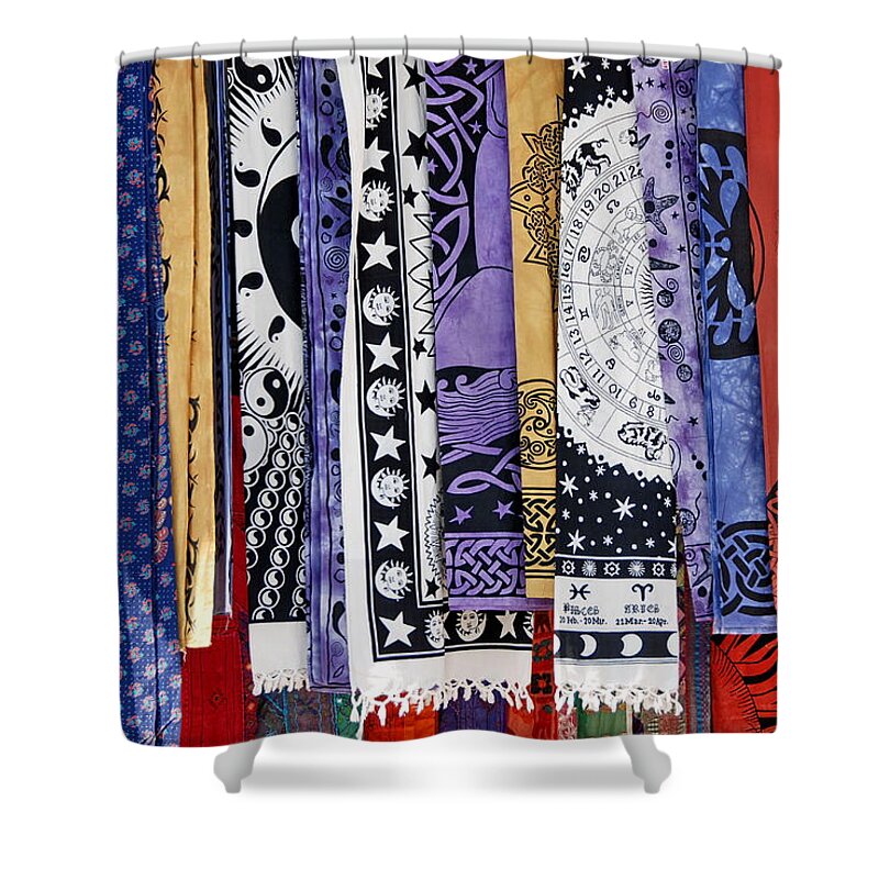 Abstract Shower Curtain featuring the photograph Colorful fashion textiles background by Michalakis Ppalis