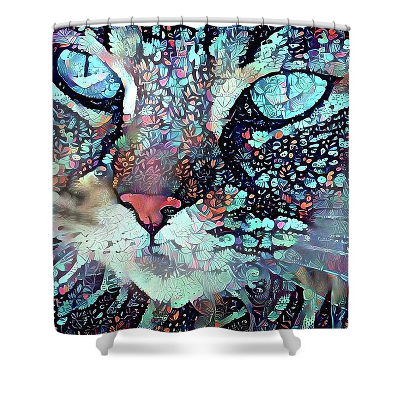 Cat Face Shower Curtain featuring the digital art Colorful Flower Cat Art - A Cat Called Blue by Peggy Collins