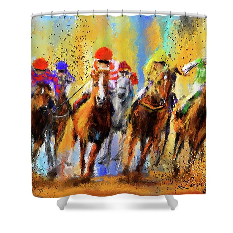 Horse Racing Shower Curtain featuring the painting Colorful Horse Racing Impressionist Paintings by Lourry Legarde