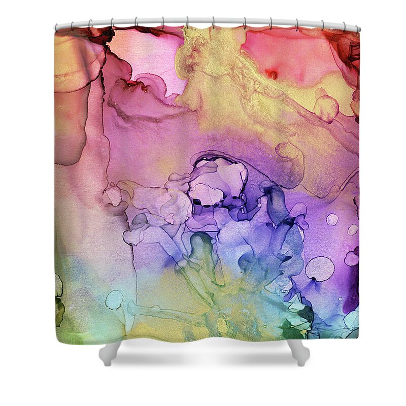 Ink Shower Curtain featuring the painting Colorful Ink Swirls with Gold Marble by Olga Shvartsur