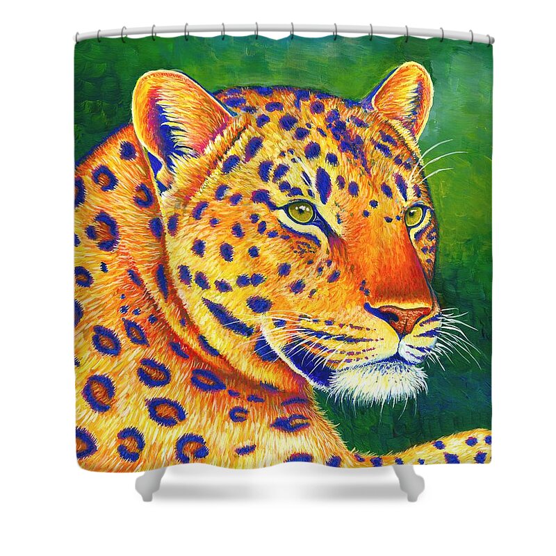 Leopard Shower Curtain featuring the painting Queen of the Jungle - Colorful Leopard by Rebecca Wang