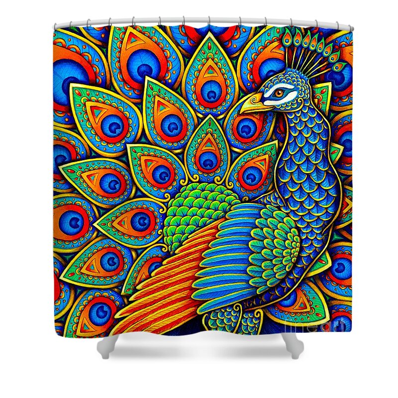 Peacock Shower Curtain featuring the drawing Colorful Paisley Peacock by Rebecca Wang