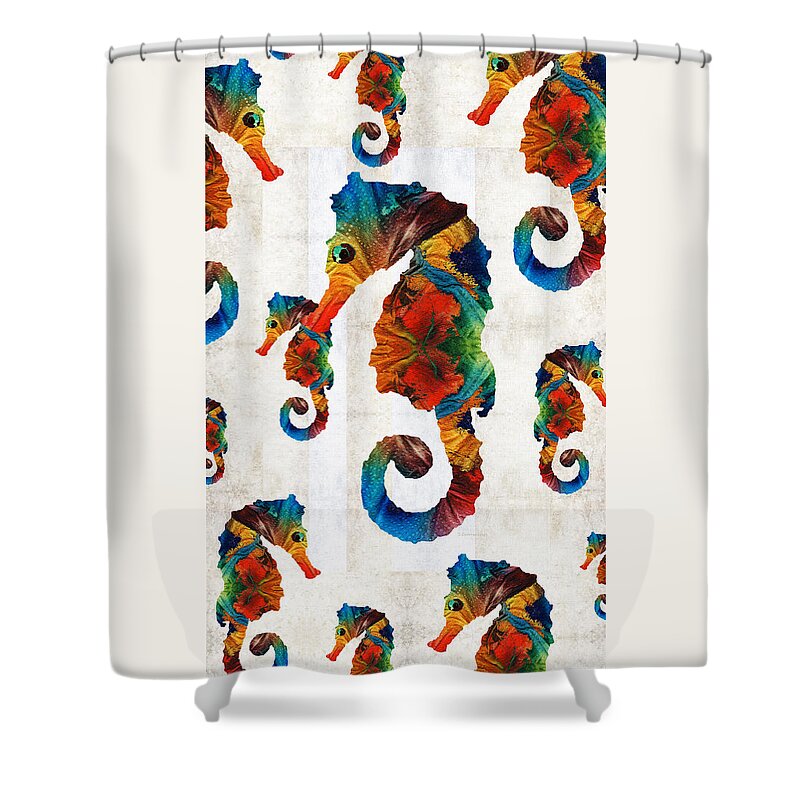 Seahorse Shower Curtain featuring the painting Colorful Seahorse Collage Art by Sharon Cummings by Sharon Cummings
