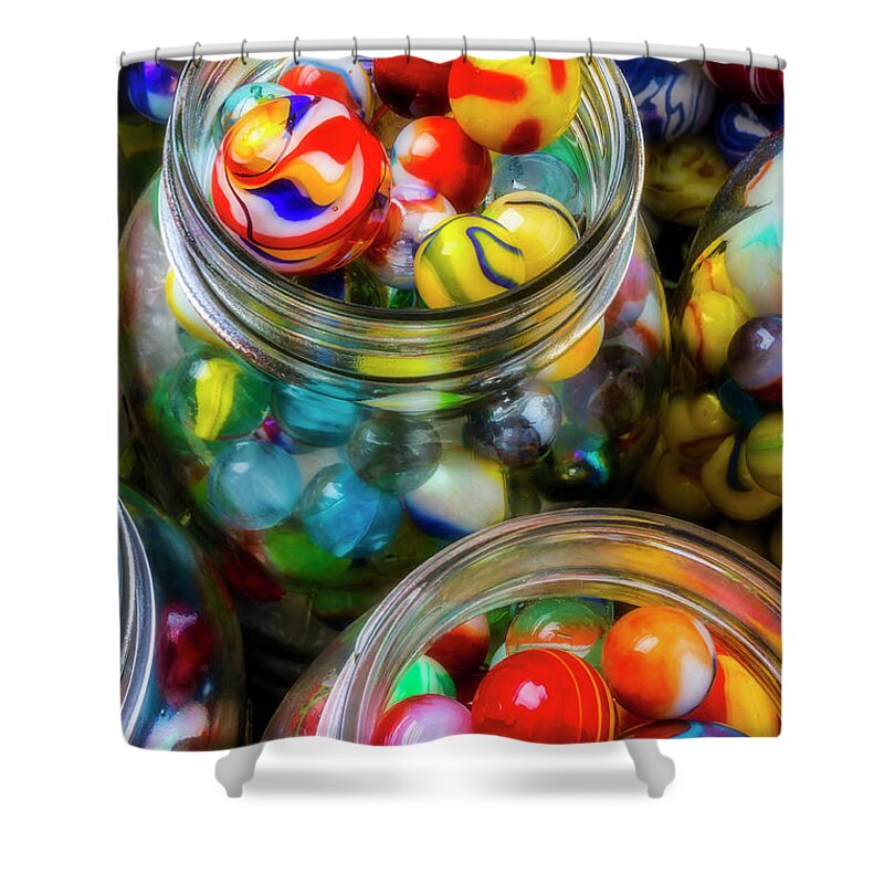 Jar Shower Curtain featuring the photograph Colorful Toy Marbles by Garry Gay