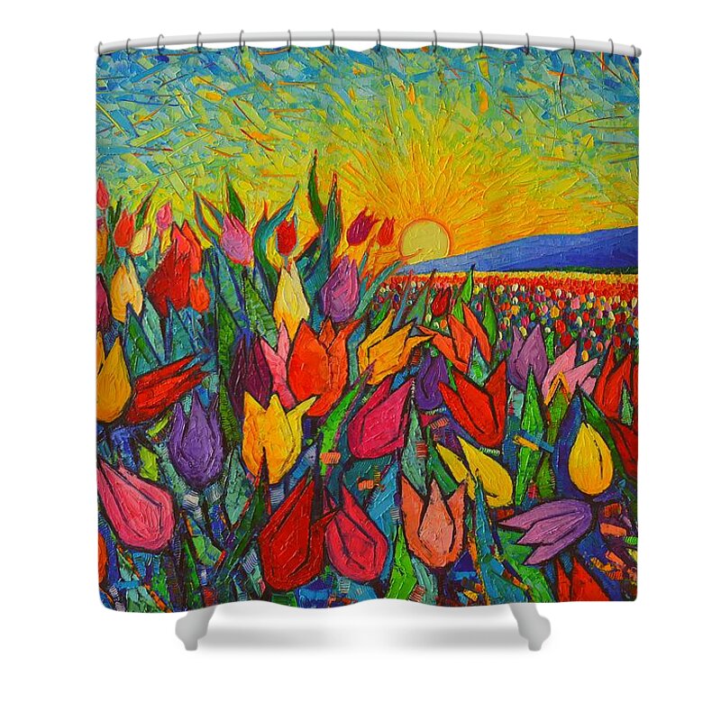 Tulip Shower Curtain featuring the painting Colorful Tulips Field Sunrise - Abstract Impressionist Palette Knife Painting By Ana Maria Edulescu by Ana Maria Edulescu