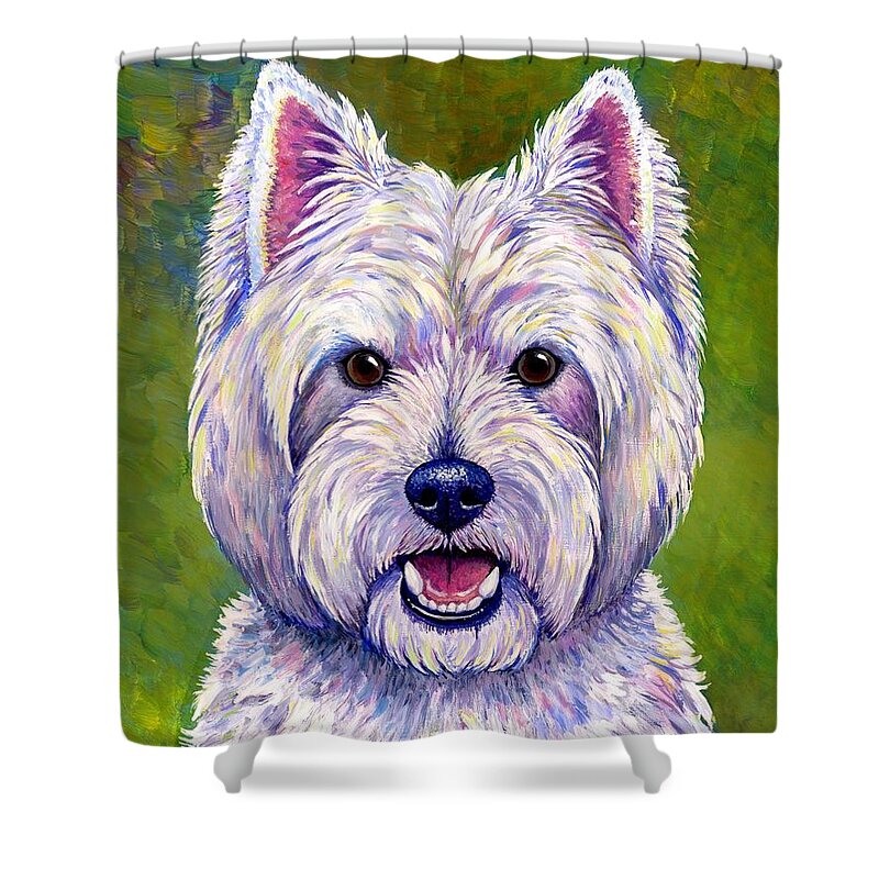West Highland White Terrier Shower Curtain featuring the painting Colorful West Highland White Terrier Dog by Rebecca Wang