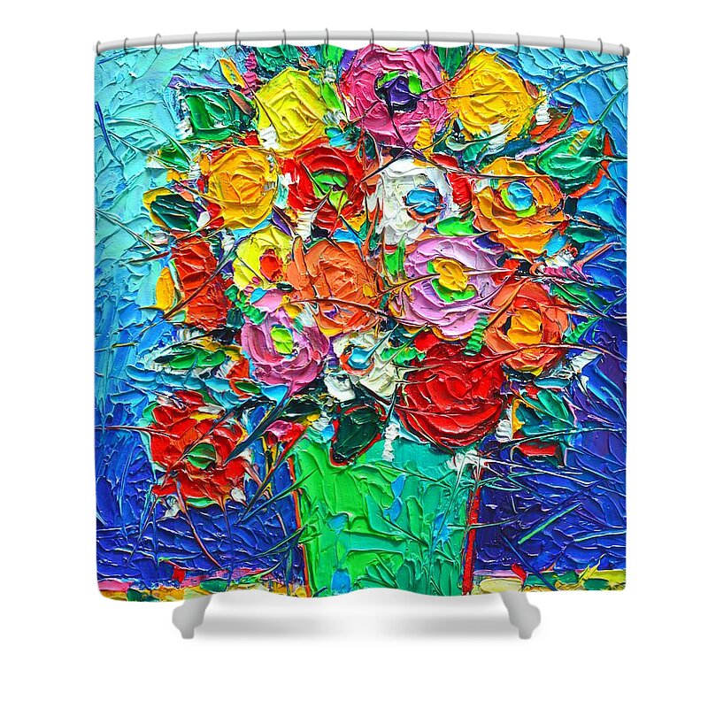 Abstract Shower Curtain featuring the painting Colorful Wildflowers Abstract Modern Impressionist Palette Knife Oil Painting By Ana Maria Edulescu by Ana Maria Edulescu