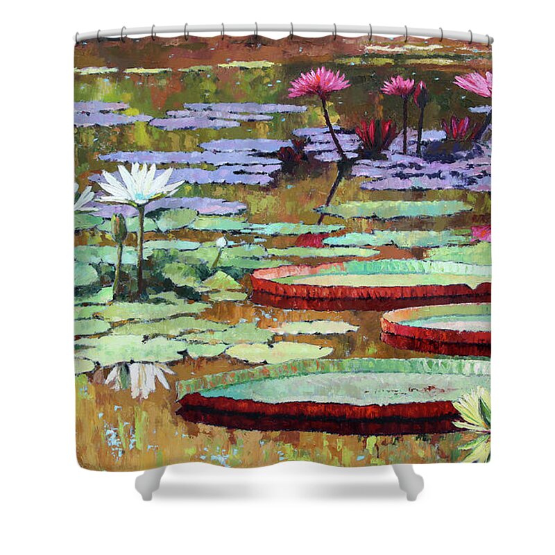 Garden Pond Shower Curtain featuring the painting Colors on the Lily Pond by John Lautermilch