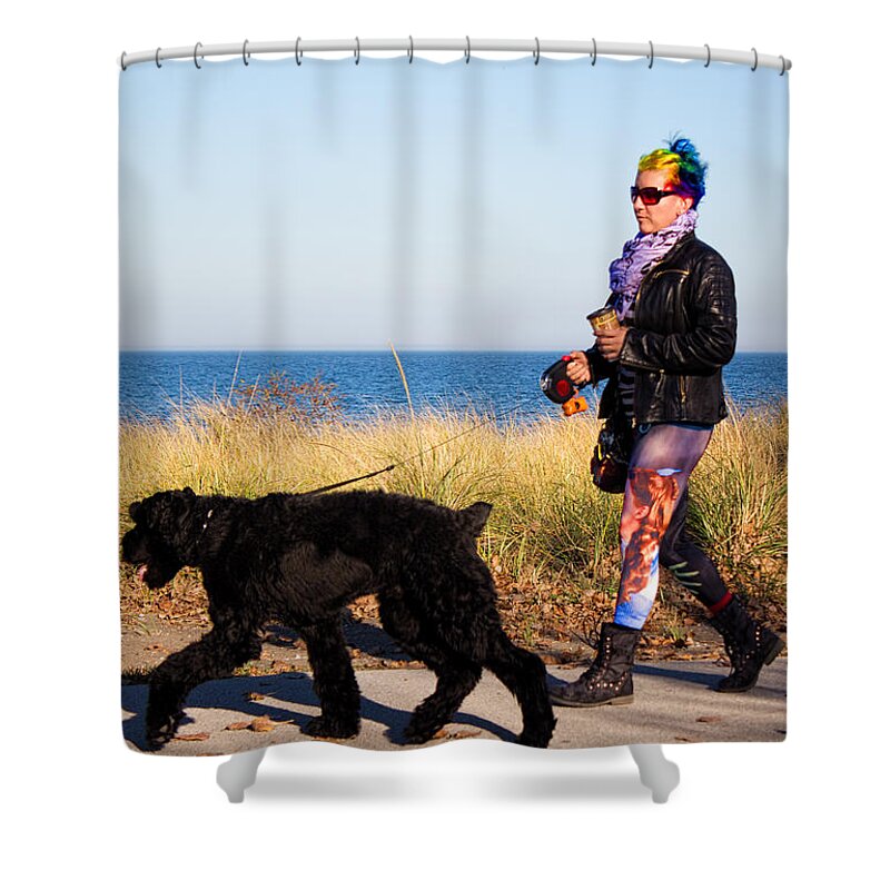 Woman Walking Dog Shower Curtain featuring the photograph Colourful Autumn Beach Walk by Barbara McMahon