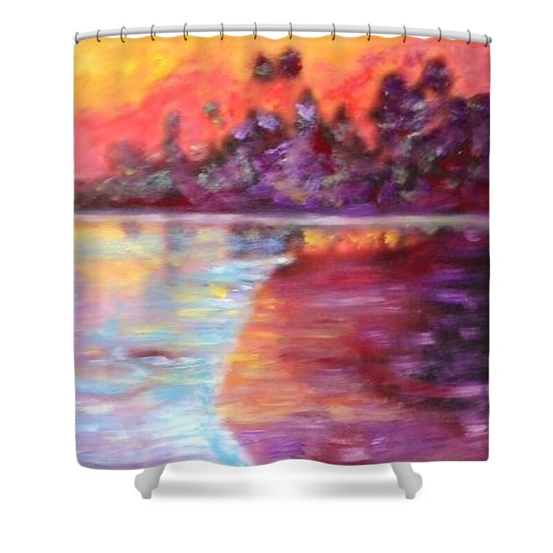 Sea Shore Shower Curtain featuring the painting Colourful sea shore by Sam Shaker