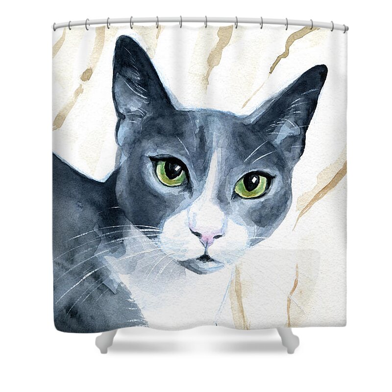 Cat Shower Curtain featuring the painting Come Home - Blue Tuxedo Cat Portrait by Dora Hathazi Mendes