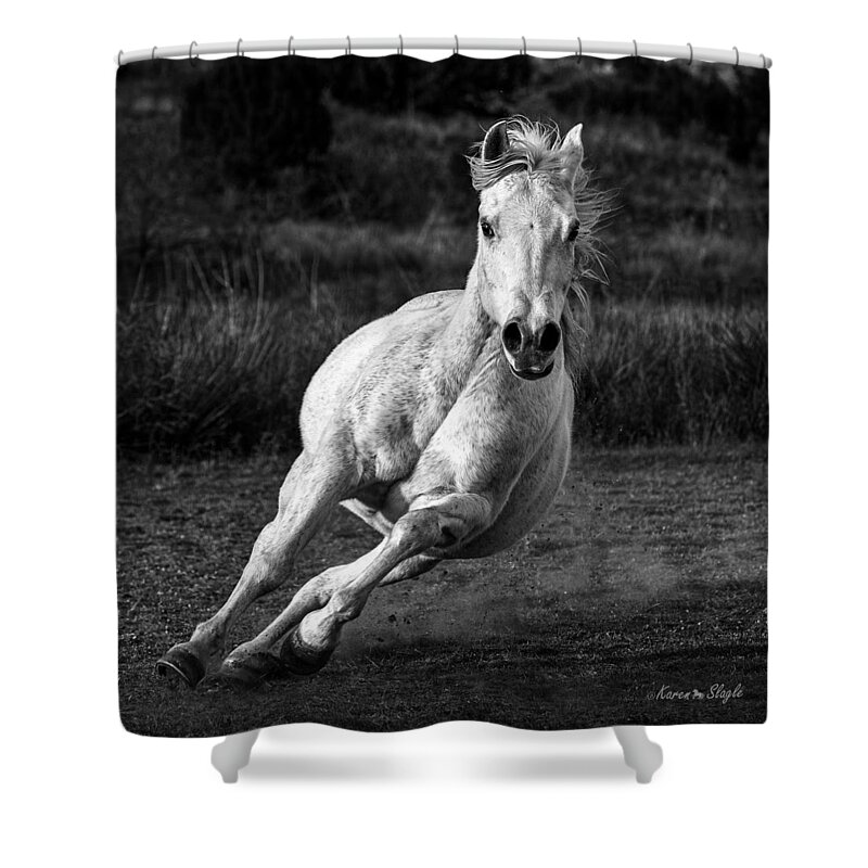 Horse Shower Curtain featuring the photograph Coming At Ya by Karen Slagle