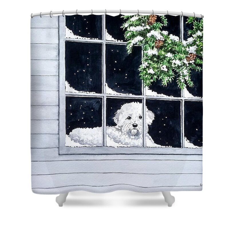 Puppy Shower Curtain featuring the painting Coming Back Soon? by Laurie Anderson