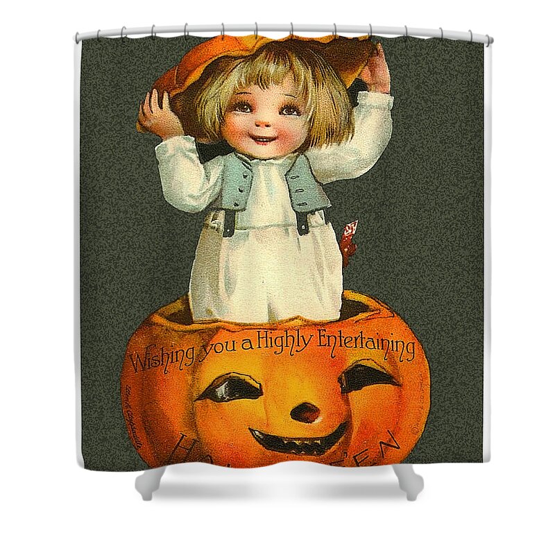 Little Kid Shower Curtain featuring the mixed media Coming from a big pumpkin by Long Shot