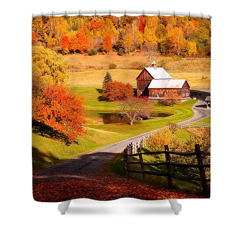 Sleepy Hollow Farm Shower Curtain featuring the photograph Coming home in a Vermont autumn by Jeff Folger
