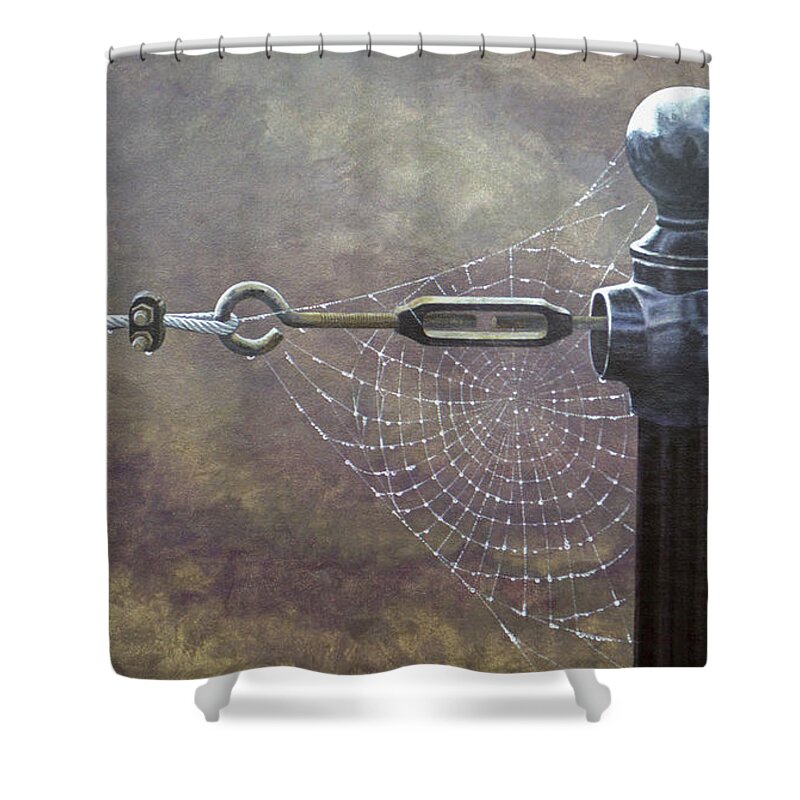 Spider Web Dew Shower Curtain featuring the painting Comparative Engineering by Laurie Stewart