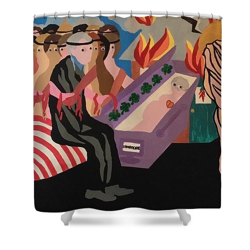 Coffin Death Family Woman Man Abuse Collaboration America Home Knives Fire Destruction Father Children Ego Domestic Bankruptcies Friend Lucky Shower Curtain featuring the painting Complicity by Erika Jean Chamberlin