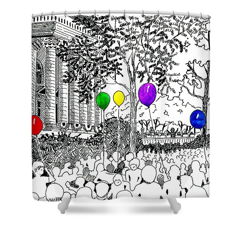 Ink Drawing Shower Curtain featuring the drawing Concert On The Square by Marilyn Smith