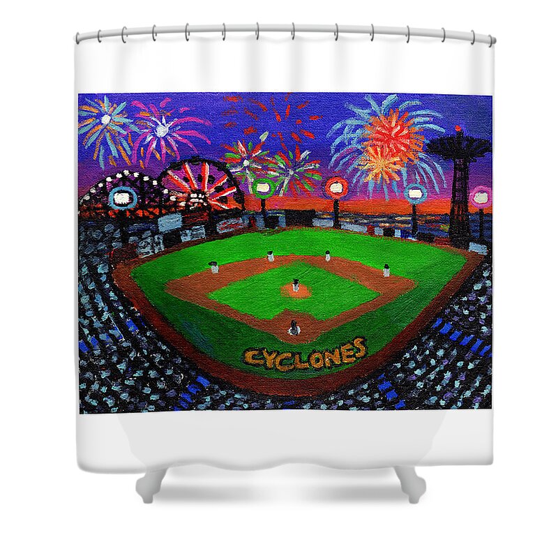 Coney Island Cyclones Stadium Shower Curtain featuring the painting Coney Island Cyclones Fireworks Display by Bonnie Siracusa