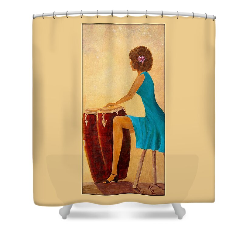 Drumming Shower Curtain featuring the painting Conga Gal by Deborah Naves