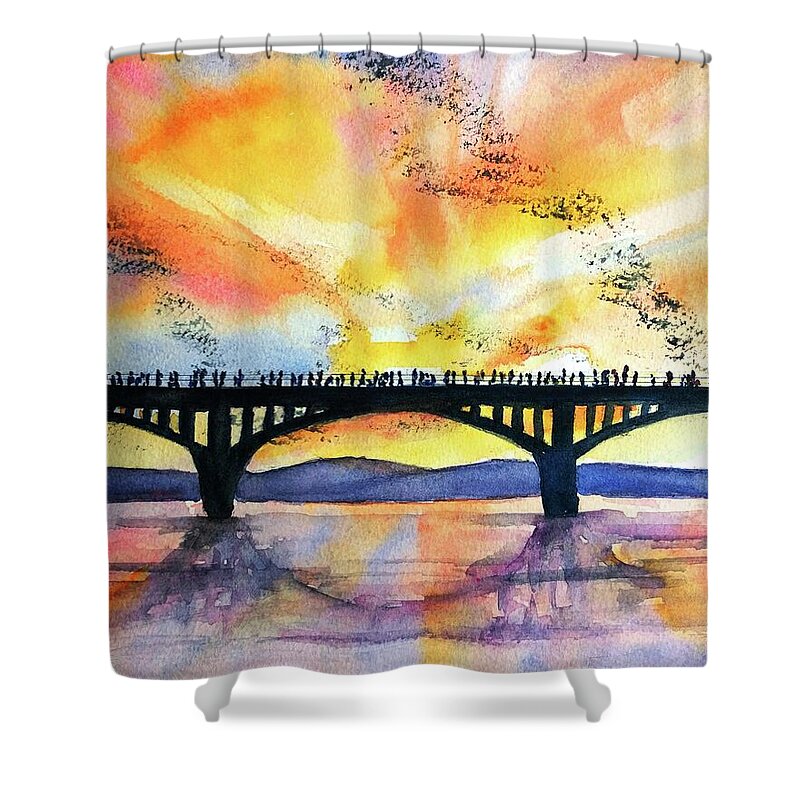 Austin Texas Shower Curtain featuring the painting Congress Bridge Bats Austin Texas by Carlin Blahnik CarlinArtWatercolor