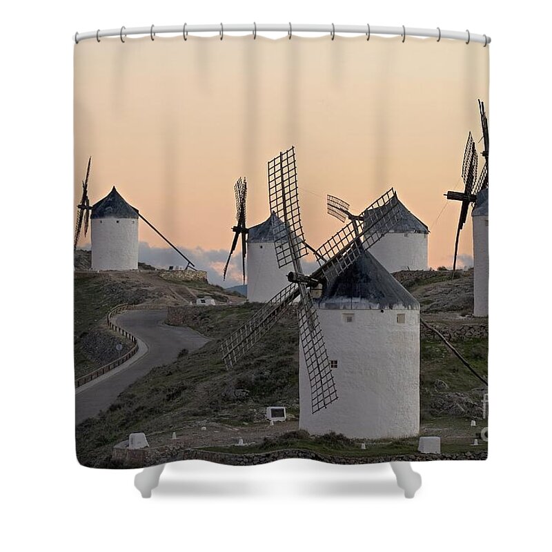 Windmills; Mills; Wind Mills; White; Architecture; Architectural; Buildings; Nostalgic; Nostalgia; Medieval; Middle Ages; Old; Antique; Ancient; History; Historical; Past; Landmark; Monument; Symbol; Scene; Scenery; Energy; Landscape; Rural; Europe; European; Spanish; Spain; Sky Shower Curtain featuring the photograph Consuegra Windmills by Heiko Koehrer-Wagner