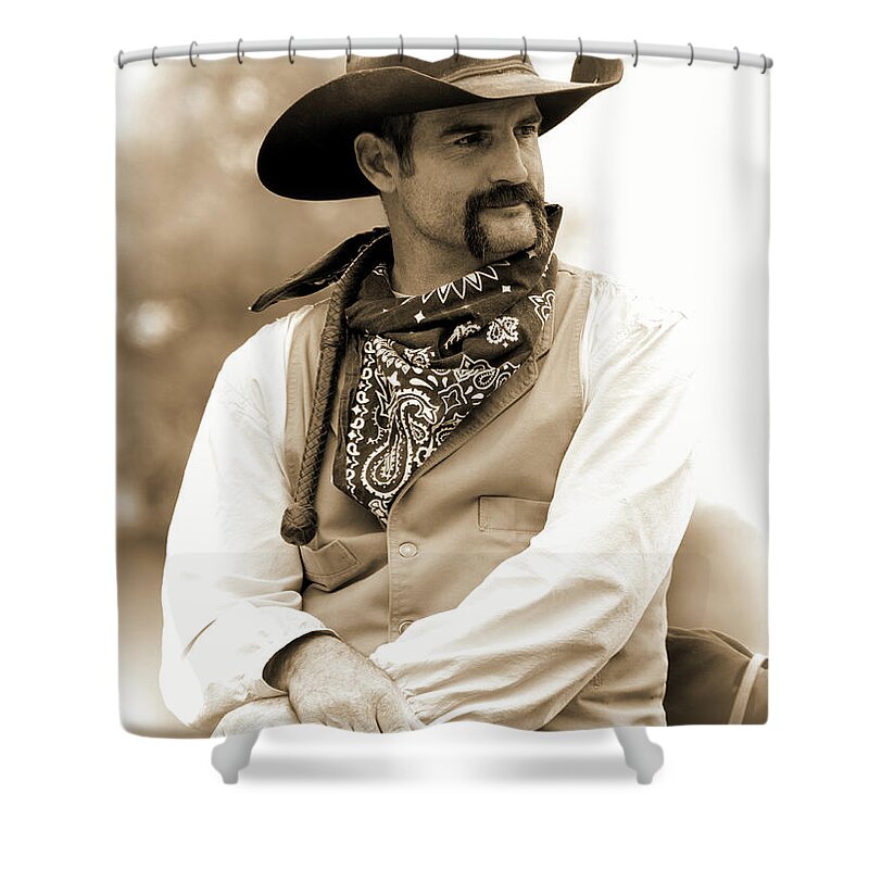 Cowboy Shower Curtain featuring the photograph Content in the Saddle by Jeanne May