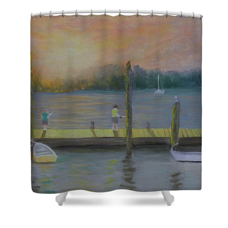 Sunrise Fishing Dock Landscape Sailboats Rowboats People Reflections Shower Curtain featuring the painting Contented Soles by Scott W White