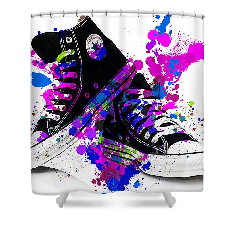 Converse Shower Curtain featuring the mixed media Convers All Stars by Marvin Blaine