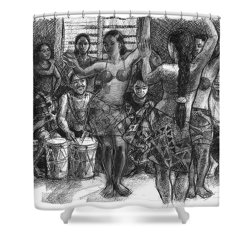 Dance Team Shower Curtain featuring the drawing Cook Islands Dance Team at Practice by Judith Kunzle