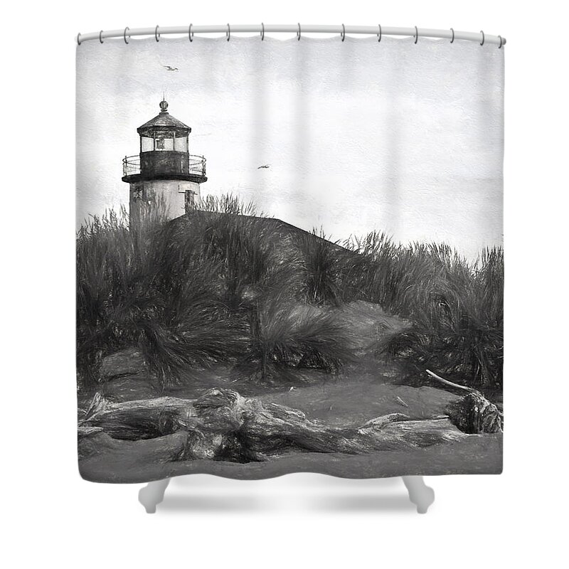 Lighthouse Shower Curtain featuring the photograph Coquille River Lighthouse Oregon Black And White Giclee Art Print by Gigi Ebert