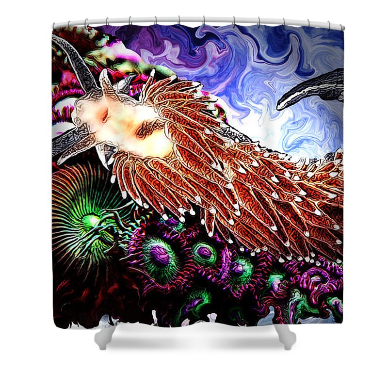 Digital Art Shower Curtain featuring the digital art Coral and a Deep Sea Creature by Artful Oasis