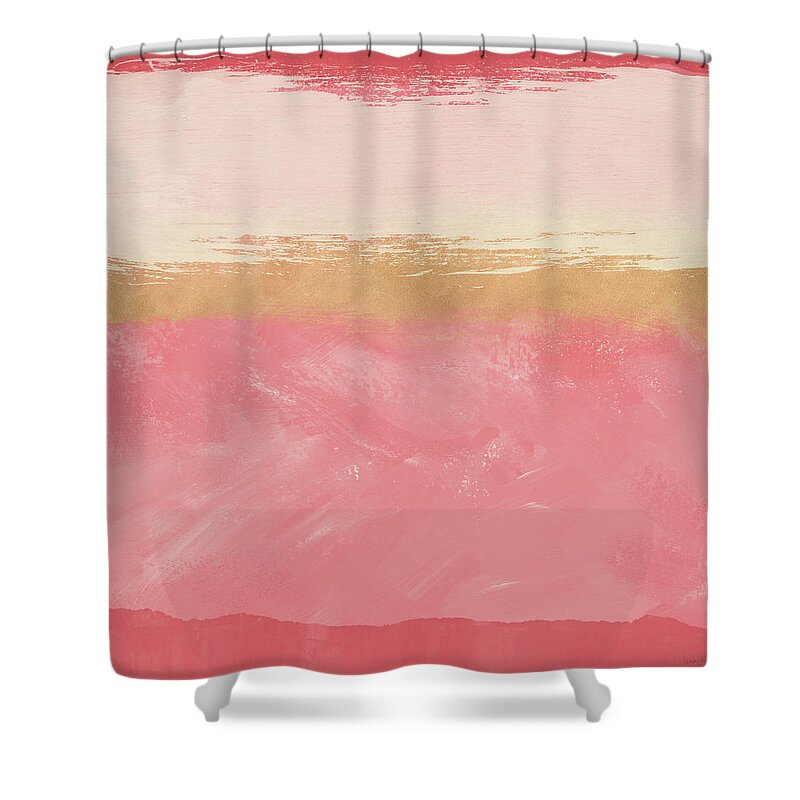Abstract Shower Curtain featuring the mixed media Coral and Gold Abstract 2- Art by Linda Woods by Linda Woods