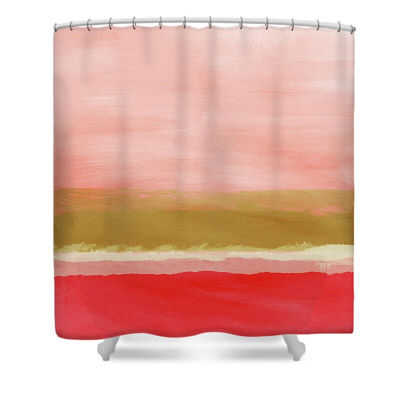 Landscape Shower Curtain featuring the mixed media Coral and Gold Landscape- Art by Linda Woods by Linda Woods