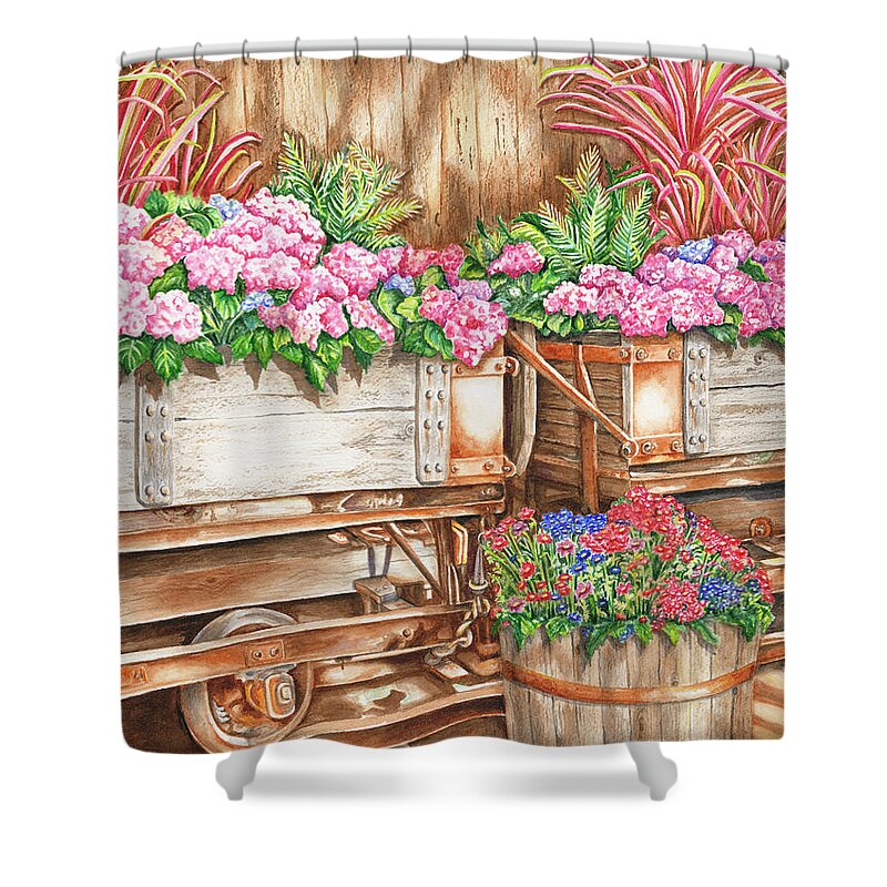 Western Floral Shower Curtain featuring the painting Cordelia's Train by Lori Taylor