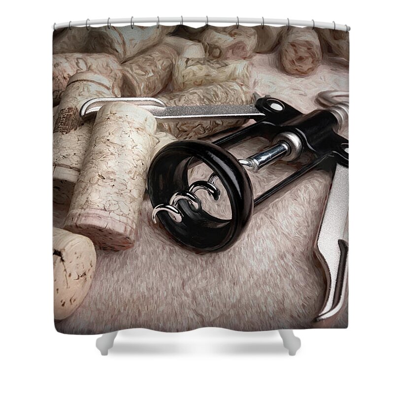 Alcohol Shower Curtain featuring the photograph Corkscrew Wine Corks Still Life by Tom Mc Nemar