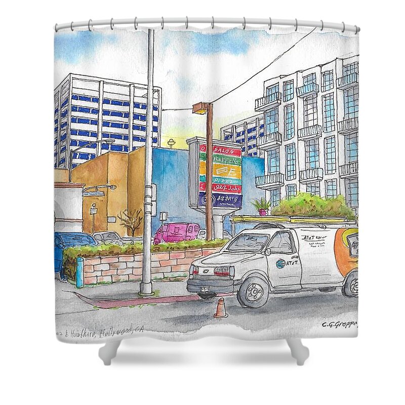 Nature Shower Curtain featuring the painting Corner La Brea and Hawthorne, Hollywood, CA by Carlos G Groppa