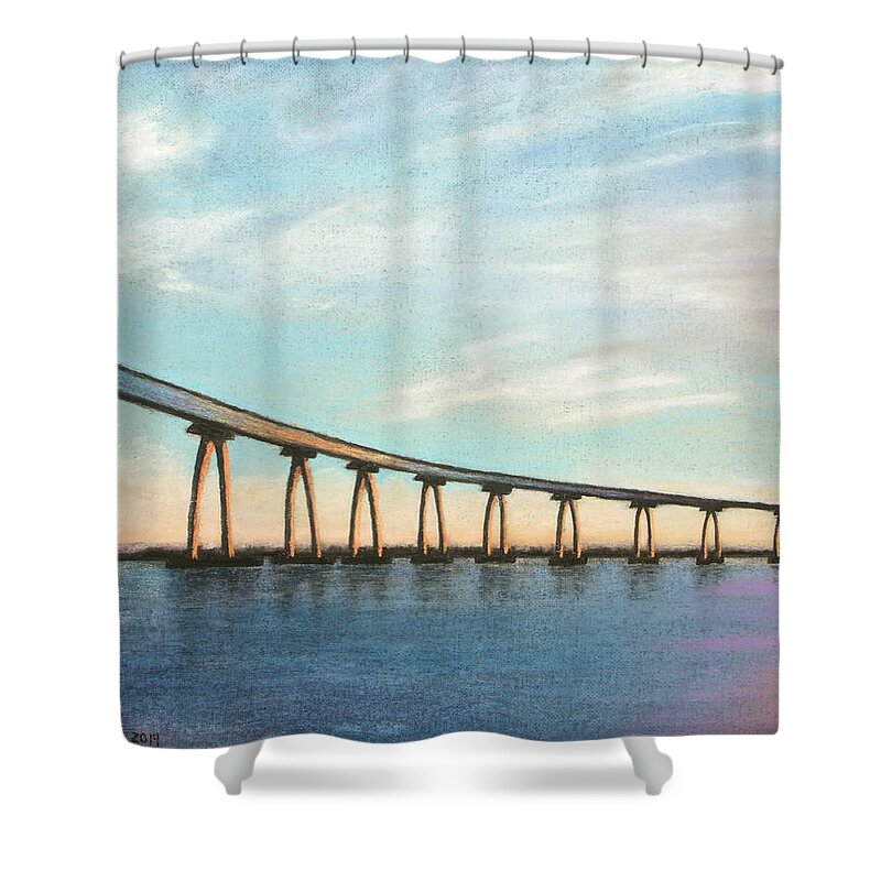 Coronado Shower Curtain featuring the pastel Coronado Bridge Sunset A by Michael Heikkinen
