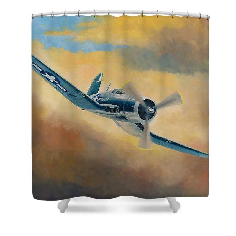 Airplane Shower Curtain featuring the painting Corsair On the Prowl by Douglas Castleman