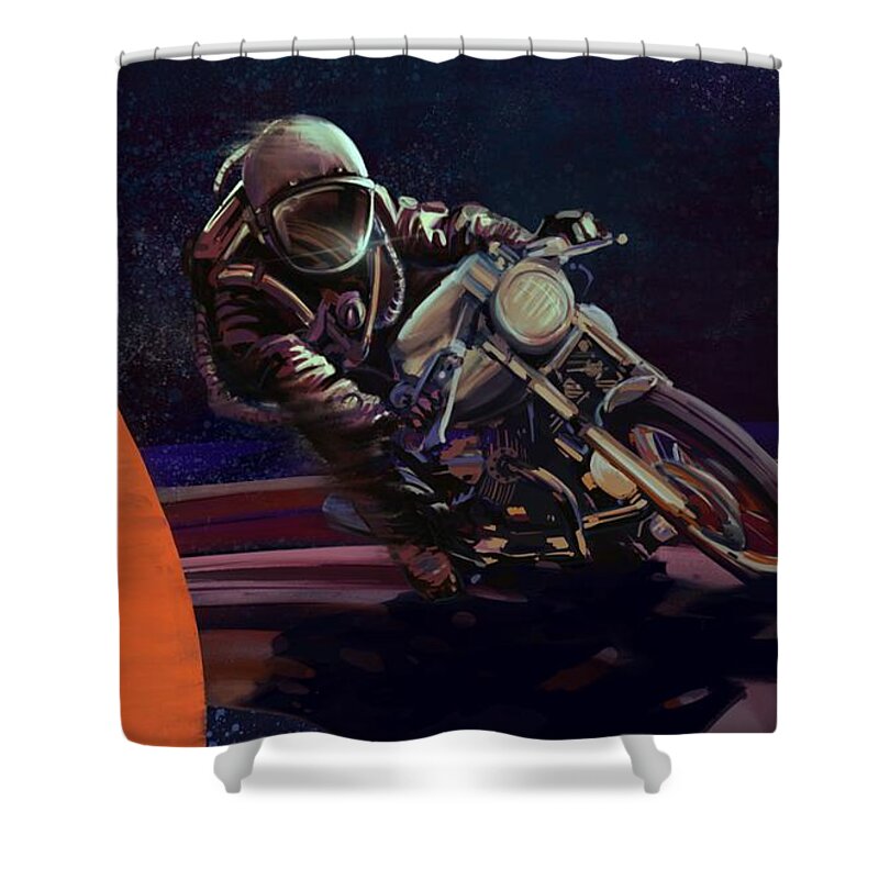 Cafe Racer Shower Curtain featuring the painting Cosmic cafe racer by Sassan Filsoof