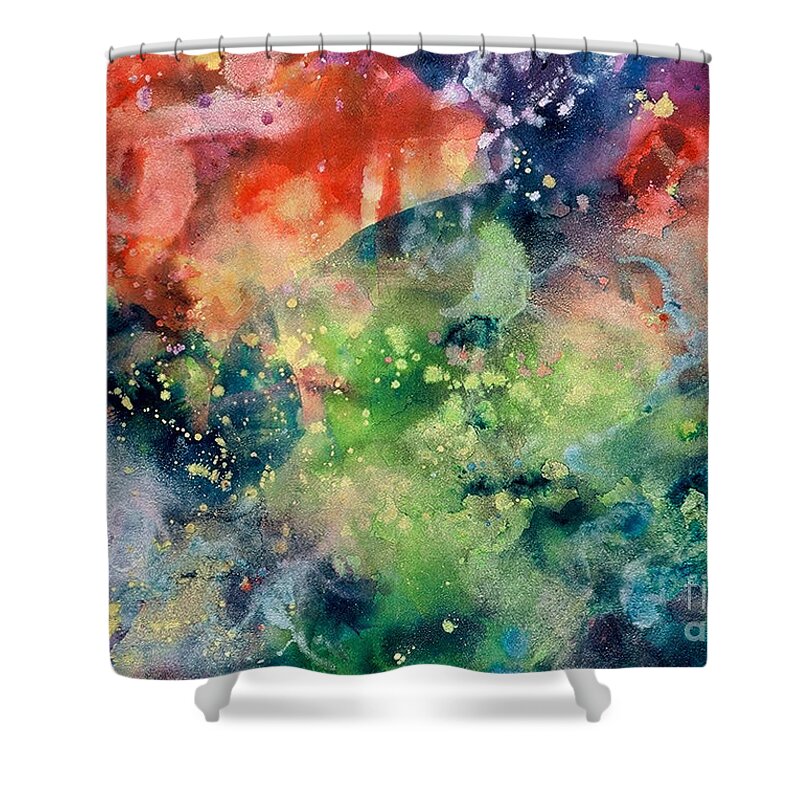 Abstract Shower Curtain featuring the painting Cosmic Clouds by Lucy Arnold
