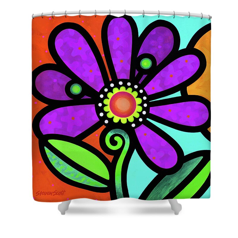 Daisy Shower Curtain featuring the painting Cosmic Daisy in Purple by Steven Scott