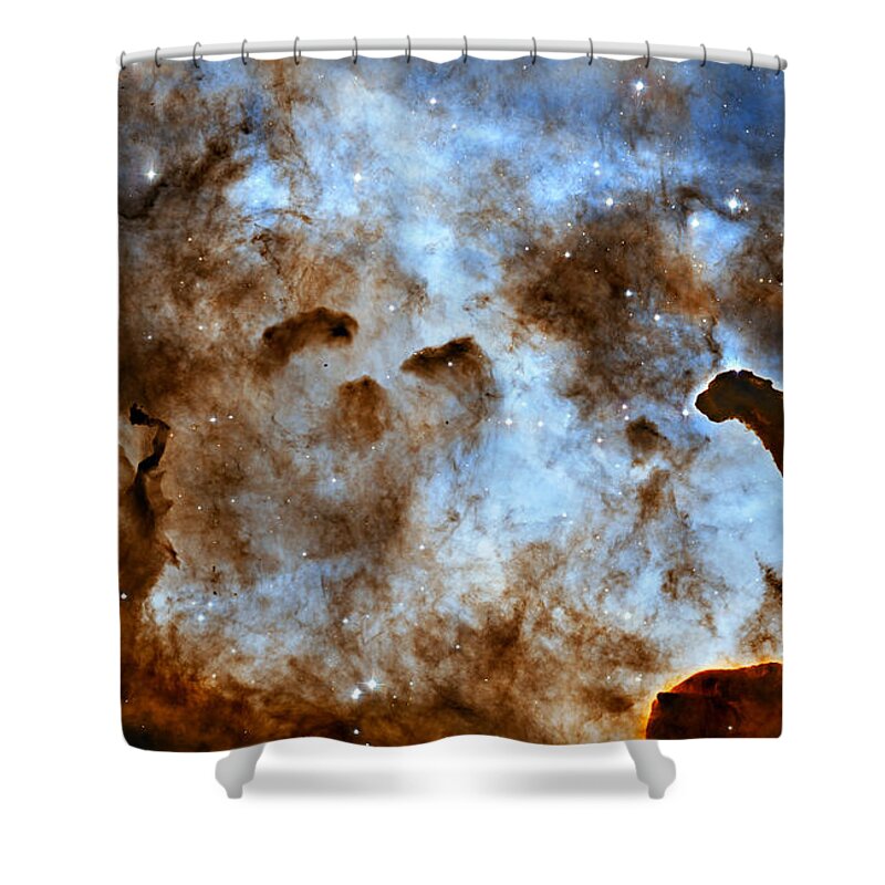 Cosmic Ice Sculptures Shower Curtain featuring the photograph Cosmic Ice Sculptures Dust Pillars in the Carina Nebula by Vintage Collectables