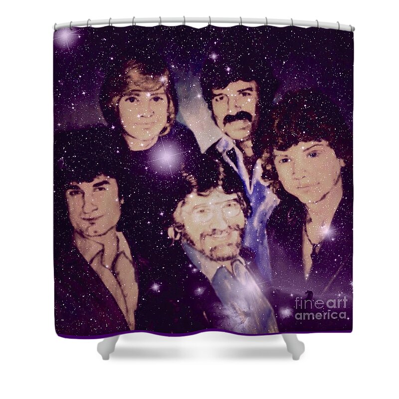 The Moody Blues Shower Curtain featuring the mixed media Cosmic Rockers by Joan-Violet Stretch