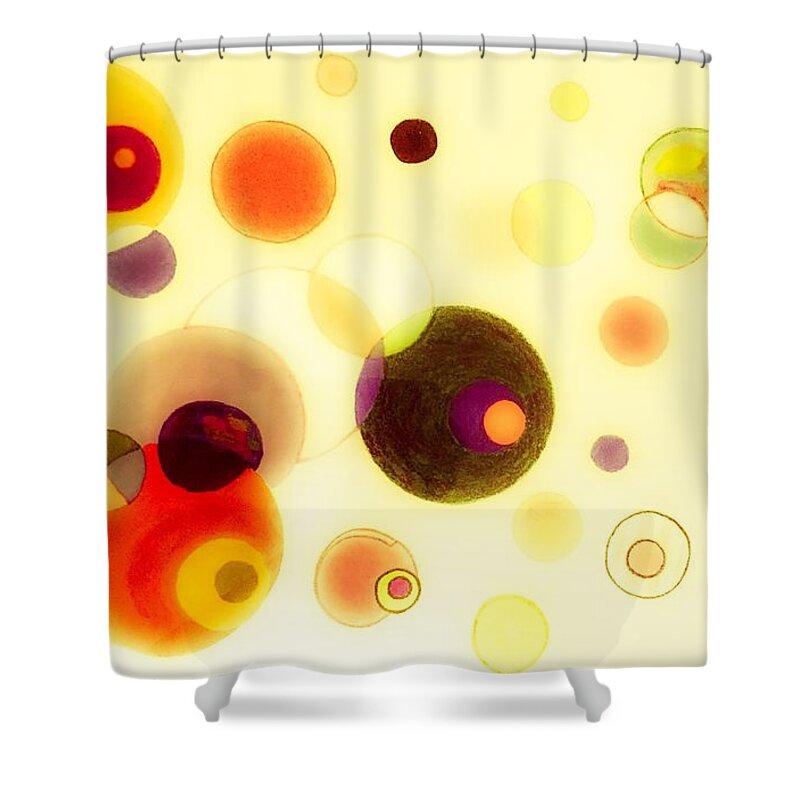 Yellow Shower Curtain featuring the mixed media Cosmos Sunlight by Beth Saffer