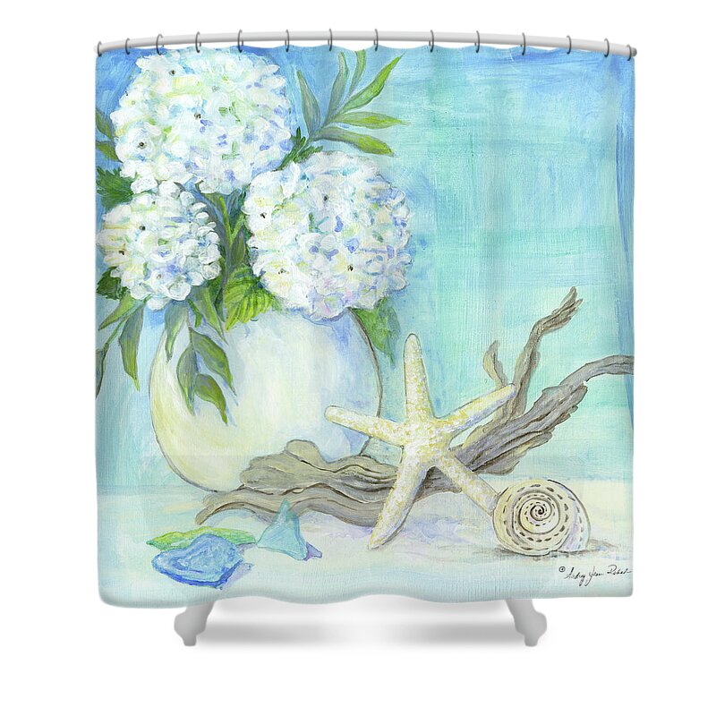 White Hydrangeas Shower Curtain featuring the painting Cottage at the Shore 1 White Hydrangea Bouquet w Driftwood Starfish Sea Glass and Seashell by Audrey Jeanne Roberts