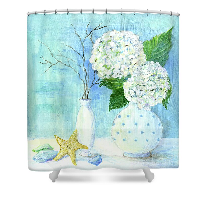 White Hydrangeas Shower Curtain featuring the painting Cottage at the Shore 2 White Hydrangea Bouquet w Sea Glass and Starfish by Audrey Jeanne Roberts